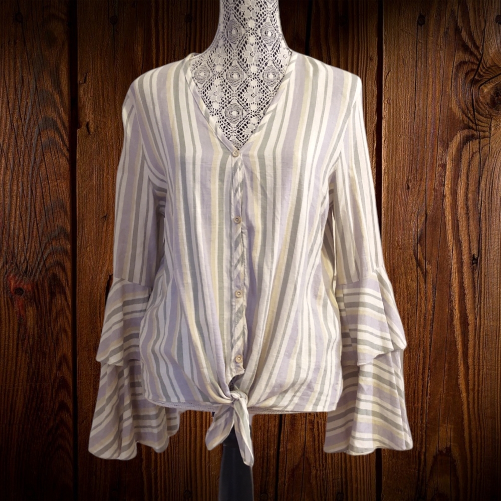 Beautiful button down striped long sleeve with bell ruffle sleeves